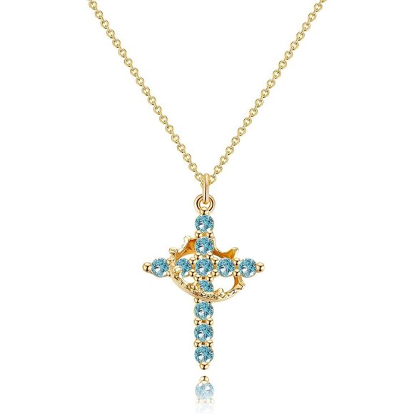 Perfect Gifts Women's Crown M03 Blue Cross Necklace Gold Plated Faith Jewelry - Picture 1 of 9